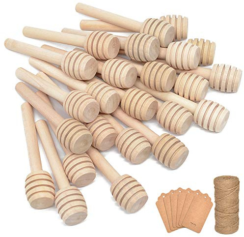 100Pcs 3 Inch Wood Honey Dipper Sticks with Natural Jute Twine & Kraft Paper Tags for Honey Jar Dispense Drizzle Honey Wedding Party Family by BNK