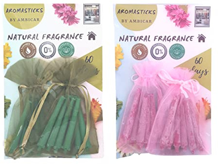 AROMASTICKS Ambientador para Casa. 4 Bolsitas con Palitos Aromáticos para Armarios, Cajones o Zapateros. Esencias Naturales, SIN Alcohol. Bergamota y Jazmín.
