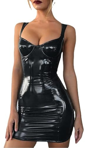 HEARTTOUCH Damen Lederkleid Kleid Bodycon Rückenfrei Schlinge Partykleid Cocktailkleid Wetlook Clubwear Ärmellos Minikleid Corsagenkleid (Schwarz,S,S)