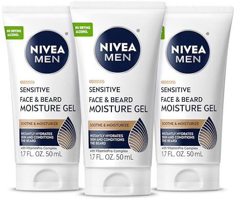 NIVEA MEN Sensitive Face and Beard Moisture Gel, Gentle Face and Beard Moisturizer for Men Instantly Hydrates Skin and Conditions Beards, 1.7 Fl Oz Tube, Pack of 3