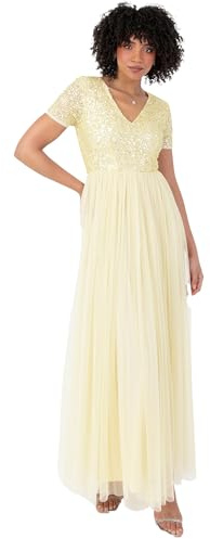 Maya Deluxe Womens Ladies Dress for Wedding Guest Plus Size Empire High Waist Sequins Short Sleeve Evening Bridesmaid Robe de Demoiselle d'honneur, Lemon, 46 Femme