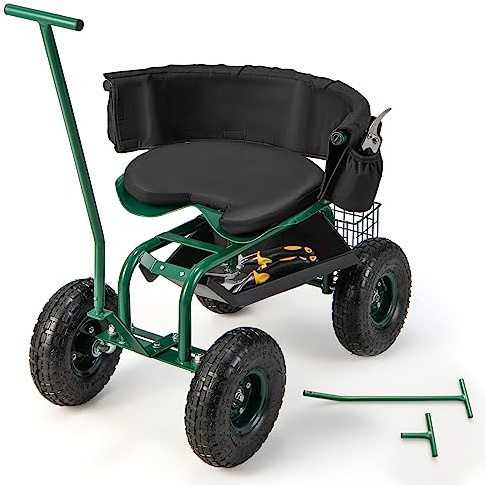 COSTWAY Sgabello per Giardinaggio con Ruote, Carrello da Giardino Regolabile in Altezza con Sedile Girevole a 360, Cuscino, 2 Maniglie di Sterzo e Vassoio Porta Utensili