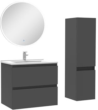 AICA Ensemble Meubles Salle de Bain 60cm Vasque + Colonne + Miroir Rond Lumineux Anthracite