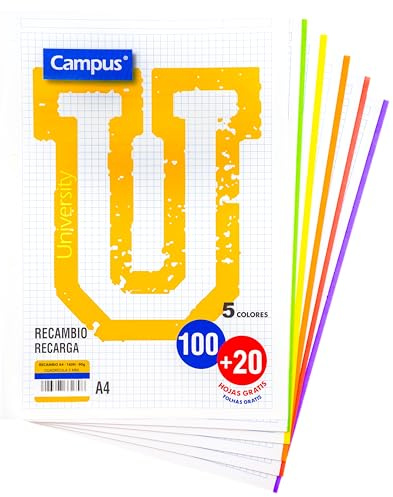 Campus – Recambio Hojas Cuadriculadas A4 para Archivador de 4 Anillas, 120 Hojas Cuadriculadas A4 Perforadas con Bandas de Colores, Para Carpesano, Carpeta y Archivador (5 Colores Vivos)