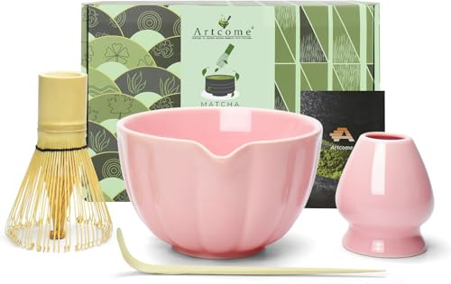 Artcome Juego de 4 piezas de té matcha japonés, cuenco de matcha con boquilla de vertido, batidor de matcha, cuchara de té, soporte para batidor, kit de ceremonia de matcha hecho a mano para ceremonia