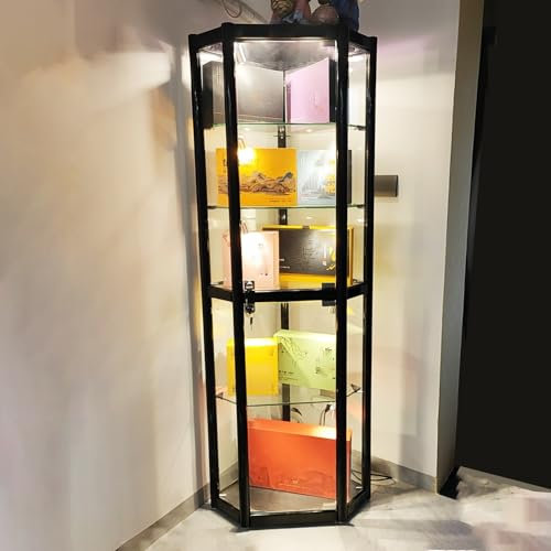 YFWOKSL Vitrine, Schwarze Glasvitrine mit 5 Regalen, beleuchtete Eckvitrinen aus gehärtetem Glas, freistehende Aufbewahrungsvitrine mit großem Fassungsvermögen, Wohnzimmerdekor