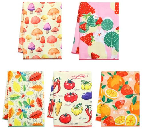 Autilify Strofinacci Cucina Cotone-Set di 5 Asciugamani Da Cucina Per Vacanze Decorativi-40x55 CM (Raccolto Abbondante)