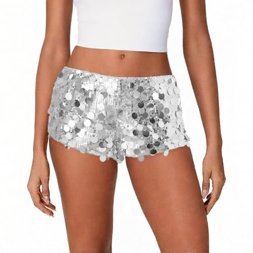 ensswliz Women's Sequins Shorts Low Waist Elastic Sparkly Party Shorts Summer Glitter Hot Shorts Beach Club Streetwear (A-Gray, S)
