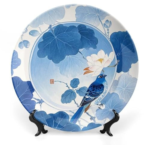 HETVBNS Assiette décorative en porcelaine anglaise bleue et blanche de style chinois avec présentoir - Décoration murale à suspendre - 20,3 cm
