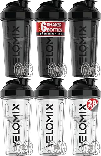 VELOMIX -6 PACK- 28 oz Protein Shaker Bottle for Protein Mixes -6x Wire Whisk | Leak Proof Shaker Cups for Protein Shakes | Large, Stackable Protein Shaker Bottle Pack