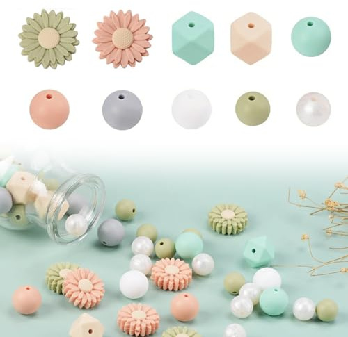 Blumenförmige Silikonperlen, 56 Stück Bunt Gänseblümchen Silikonperlen Bulk, Rund Lose Bastelperlen mit Löchern für Armbänder, DIY Schlüsselanhänger, Halsketten, Stifte