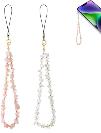2 Pcs Phone Strap Wrist, Natural Crystal Beaded Charms Lanyard, Crystal Wrist Strap, Anti-Lost Handmade Phone Chain Keychain for Cellphone, Wallet, Camera, iPad (Pink&White)