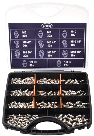 Kit di montaggio grasso zincato 270 PC - Set di capezzoli Zerk industriale | Assortimento di porta lubrificante completa, pacchetto di montaggio per grasso industriale pesante per manutenzione dei
