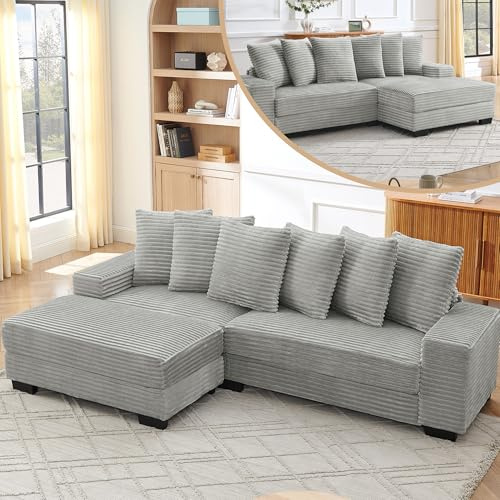 L-formad hörnsoffa – 4-sitsig soffa, 256,5 x 133,5 x 89 cm, klassisk Corduroy, stabila plastben, modulär design, inklusive 6 kuddar, perfekt för vardagsrum, lägenheter och kontor, grå