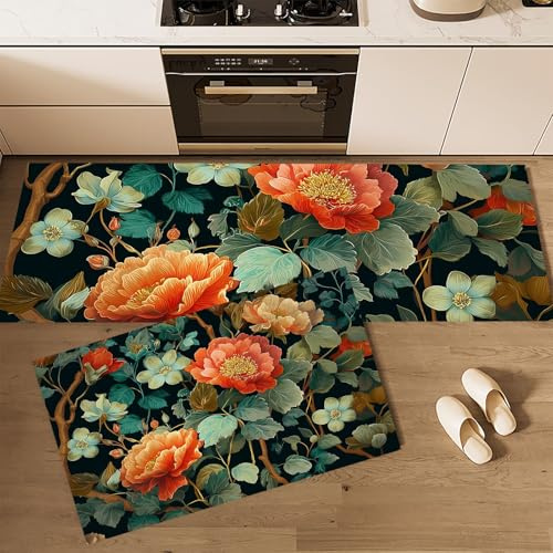 Peony Clematis Kitchen Mats Set of 2, Retro Floral Low-Profile Floor Mat for Home Kitchen, Sink, Laundry - 20x59+20x31 - Orange Color