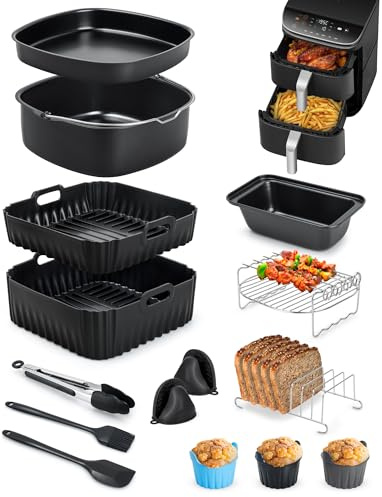 15-delad varmluftsfritös tillbehör för COSORI Turbo Tower Pro | 10,8 l 2 kammare (6,5 l/4,3 l), värmebeständig, BPA-fri, luftfrys, silikonform, tårttallrik, tillbehör, diskmaskinssäker