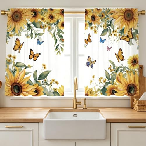 PRESSINART Tende da Cucina A Pannelli Girasole 2 Pollici Tendaggi da Cucina con Stampa Floreale Giallo Farfalla Corti e Piccoli con Tasche A Asta per Finestre caffè Country Ideali per Decorare La Fi