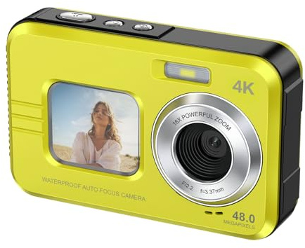 Jectse 4K 48MP Water Proof Camera, Autofocus Dual Screen Digital Camera with 32GB Card, Fill Light for Snorkeling (Yellow)