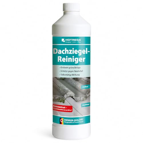 HOTREGA Dachziegel Reiniger Konzentrat 1L | Grünbelagentferner & Algeschutz | Selbsttätige Formel ohne Säure | Reicht für 200 m² | Ideal für Betondach, Tonpfannen, Kupferrinnen | Chlorfrei & Schonen