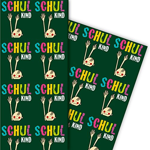 Lustiges Geschenkpapier zu Einschulung mit Jungen Schulkind , dunkel grün, zum Schulanfang 32 x 48cm (4 Bögen) Papier zum Einpacken, für tolle Geschenk Verpackung und Überraschungen