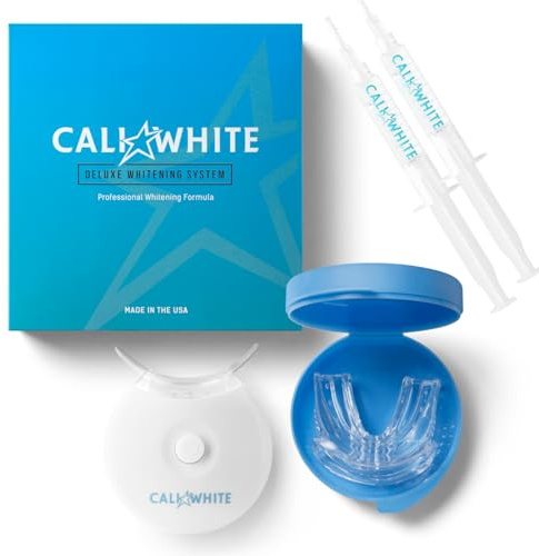 Cali White Teeth Whitening Strip Kit with LED Light and Batteries - Organic Peroxide Teeth Whitener Gel - Set of White Strips - 2x5ml Syringes, Thermoform Whitening Kit Trays and Case
