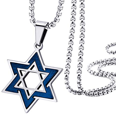 555Jewelry 2 Tone Stainless Steel Star of David Necklace for Men & Women, Box Chain Star Of David Necklace, Small Jewish Star Necklace, 24 Inch, Silver & Blue
