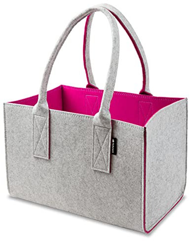 Shopper Filztasche Premium 5mm, große Einkaufs-Tasche mit Henkel, Einkaufskorb, faltbare Kaminholztasche zur Aufbewahrung von Holz, Tragetasche auch zur Spielzeug Aufbewahrung, grau/magenta