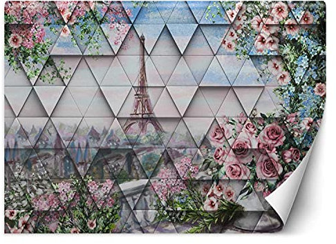 Feeby Papier Peint Intisse Tour Eiffel Fleurs Printemps 368x254 cm rose Moderne Panoramique XXL Photo Mural Muraux Chambre Bureau Salle Balcon France Paris