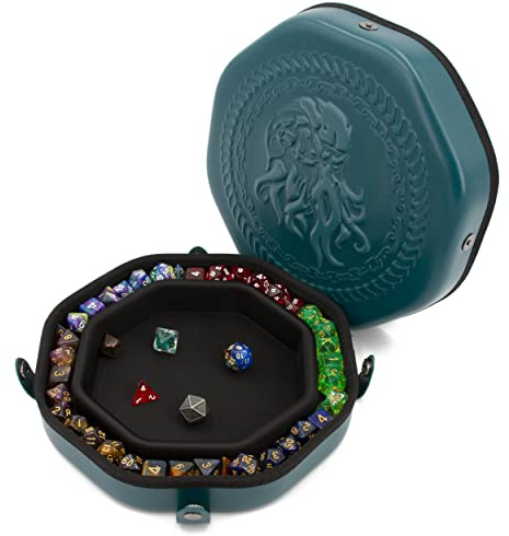 CASEMATIX Dice Tray and Dice Storage Case for Up to 115 RPG Dice - Dice Tray for Rolling with Magnetic Snaps, Sea Monster Design and Non-Scratch Interior for Random Rolls Dice Protection