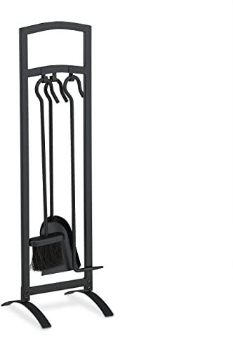 Relaxdays Kaminbesteck, 4 TLG. Kamingarnitur mit Schürhaken, Schaufel, Besen, & Ständer, Ofenbesteck modern, schwarz
