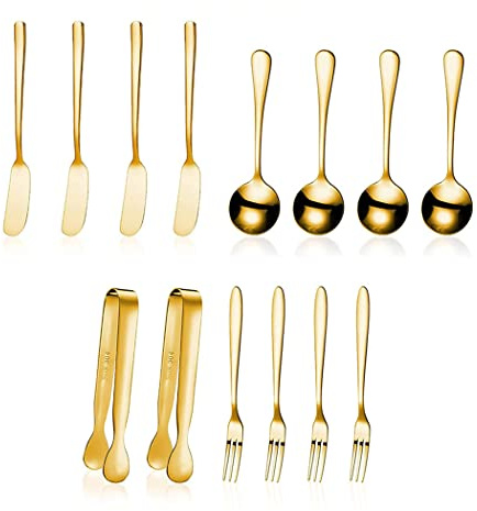 Hoshen 14-Piece Deli Accessories Set, Cheese Butter Spreading Knife/Mini Sugar Cube/Mini Serving Spoon & Fork, Deli Utensils for Butter, Cheese & Pastry Making（Gold）