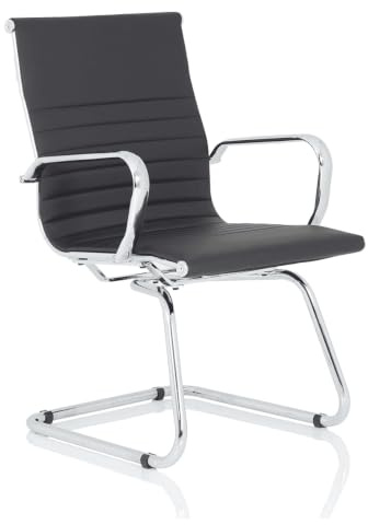 OPO Nola Cantilever Chair Mid Back with Arms | Chrome Cantilever Frame with Armrests & One Piece Seat and Backrest Chair Black Leather
