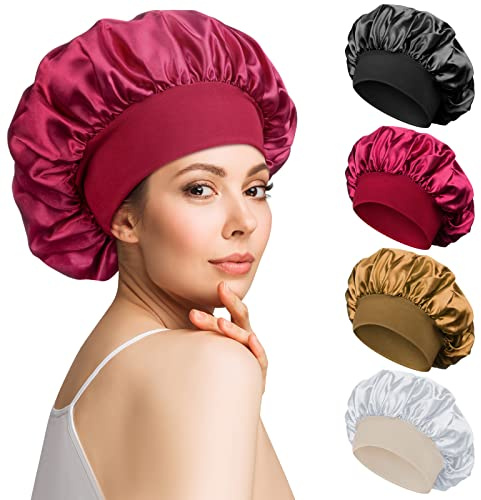 4 Stück Satin Bonnet Schlafhaube Seide Locken Atmungsaktive Seide Schlafmütze Verstellbare Silk Bonnet Seidenhaube zum Schlafen Weiche Satin Haube für Damen Mädchen(Schwarz, Rot, Gold, Silber)