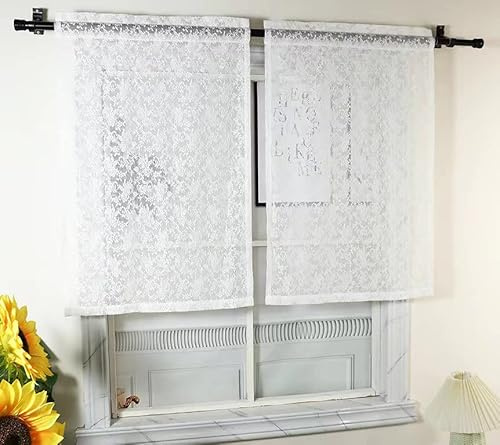 Yaland Jacquard Panneaux mit Floral Muster Weiß HxB 100x60cm 1 Stück | Spitzen-Kaffeevorhang Scheibengardine mit Tunnelzug Fensterdekoration Landhausstil Kurzgardine für Küche & Wohnzimmer