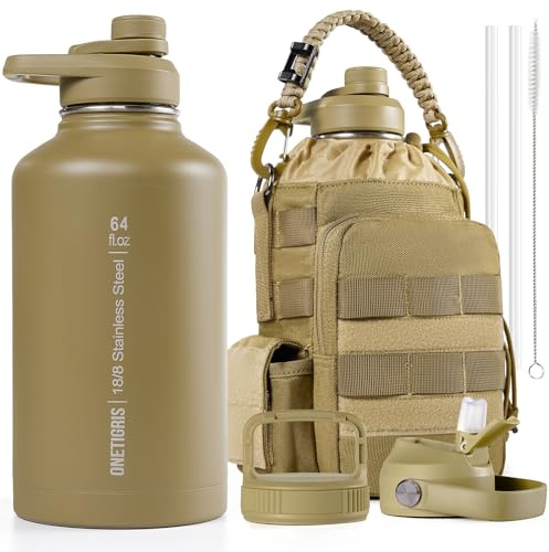 OneTigris Borraccia in acciaio inox 1,9L, alta capacità, borraccia sportiva con buon effetto isolante per bicicletta, campeggio, yoga, palestra, softair, coyote marrone, 64 OZ