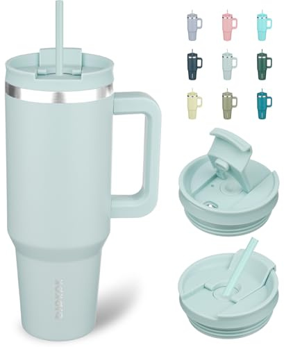 BJPKPK 1200 ml Isolierter Edelstahl-Becher mit Griff, Deckel und Strohhalm – Wiederverwendbarer Thermobecher für Reise, Kaffee und Tee, Blue Haze