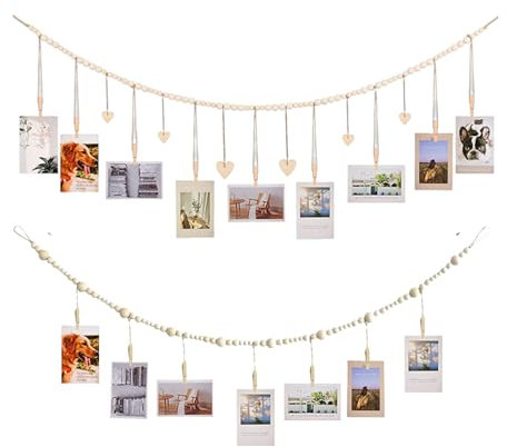 Jingzhan 2 Stück Fotogirlande，Fotoseil mit Holzklammern， DIY Wandbehang Fotodisplay，250cm Perlen & Herz Foto Hängende Wanddekoration， Zum Aufhängen Von Fotopostkarten Bilderrahmen