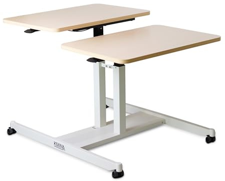 KMINA Betttisch doppelt höhenverstellbar, Pflegetisch pneumatisch, 90 cm | Beige, Zwei Tischplatten aus Holz für Bettlägerige und Rollstuhlfahrer, Höhe 61 bis 85 cm, 4 Bremsrollen, Bis 25 kg