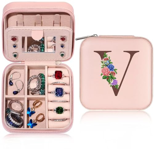 TINGN Initiale Schmuckkästchen Kleine Schmuckkästchen mit Namen Initiale V und Blume Schmuckkastchen Travel Organizer Box mit Spiegel für Damen Mädchen Geschenk für Geburtstage, Muttertag