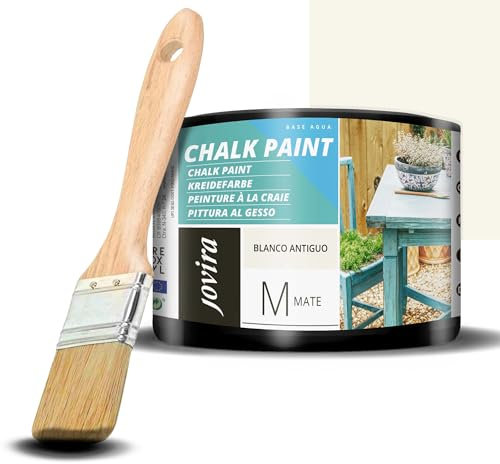 JOVIRA PINTURAS Chalk Paint - Vernice gessata all'acqua opaca + Pennello speciale per legno. Rinnovate i vostri mobili con creatività. (375 Millilitroi, Bianco Antico + Pennello)