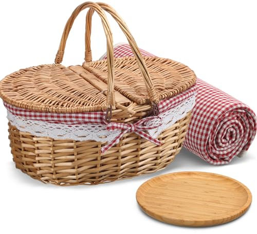 Gandeer Picknickkorb mit Decken und Bambustellern, Picknickzubehör-Set, Korb mit Deckel und Griff, Weiden-Picknickkorb, stabiler gewebter Körper mit waschbarem Futter für Camping (rot)