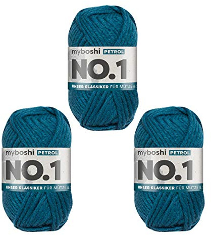 myboshi No.1 Wolle zum Häkeln und Stricken, Schnellstrickgarn, langlebige Mützenwolle, Strickwolle, Häkelwolle, mulesing-frei, 50g, Ll 55m Blau (Petrol) 3 Knäuel
