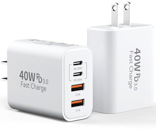 USB C Charger Block, 40W 4 Ports Type C Fast Phone Charging Blocks Cube PD USBC Wall Plug+QC 3.0 USB A Charger Brick Box Power for iPhone 17/16/15/14/13/12 Pro Max, iPad, Samsung Galaxy, Pixel, 2Pack