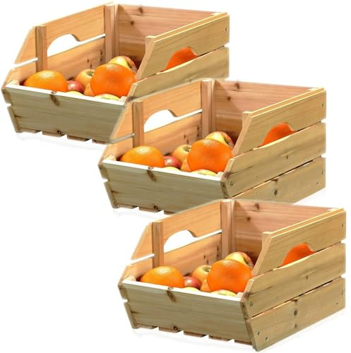 Mucola 3er Set Universalkiste mit Griffen Vorratskiste Obstkiste 38x27x20 cm Kartoffelkiste Weinkiste Massivholz Gemüsekiste, stapelbar