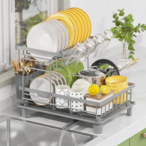 LIONONLY 2 Tier Dish Drainer Rack with Drip Tray, Detachable Large Dish drying Rack with Swivel Drainage Spout, Utensil & Cup Holder,Dish Rack for Kitchen Counter