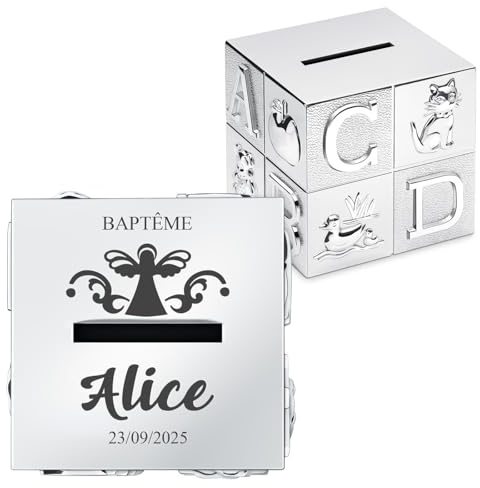 Maverton Tirelire Personnalisée en Forme de Cube, Cadeau Enfant Bebe | Theme Animaux et Lettres, Boite d'épargne Argentée avec Gravure, Tirelire Anniversaire pour Filles Garçons Bébé, Cadeau Noel
