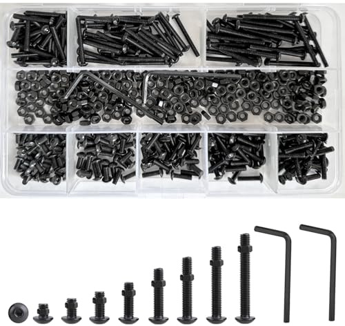 482 Stück M3 Rundkopf Hex Socket Schrauben, schwarze Muttern Schrauben Set | 8 Größen (6/8/10/12/16/20/25/30mm) Kohlenstoffstahl Sechseckknopf Pilz Maschine Schraubbefestigungen Kit mit Schlüsseln