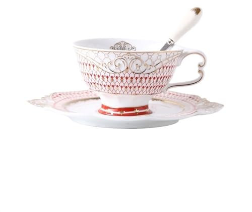 SDA287MZ Coffee Mugs 200ml Home Light Luxury Ceramic Coffee Mug English Style Flower Tea Cup Saucer Set with Spoon Tea Cup(Red)