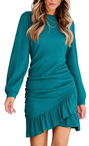 CUPSHE Abito da donna, girocollo, a maniche lunghe, con orlo asimmetrico, per il tempo libero, elegante, per feste, blu-verde, XXL