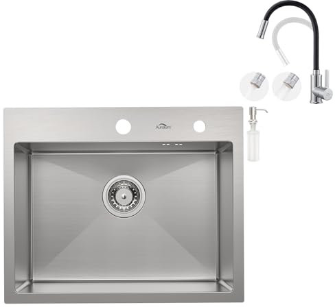 Auralum Lavabo da cucina 55 x 45 cm + rubinetto flessibile da cucina con 2 tipi di getto, lavello in acciaio inox, rettangolare, con dispenser di sapone e sifone, lavello da incasso, 1 vasca